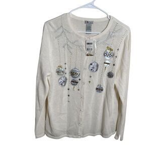 CB Career Sweater Women's Large Ramie Blend Metallic Christmas Cardigan NWT